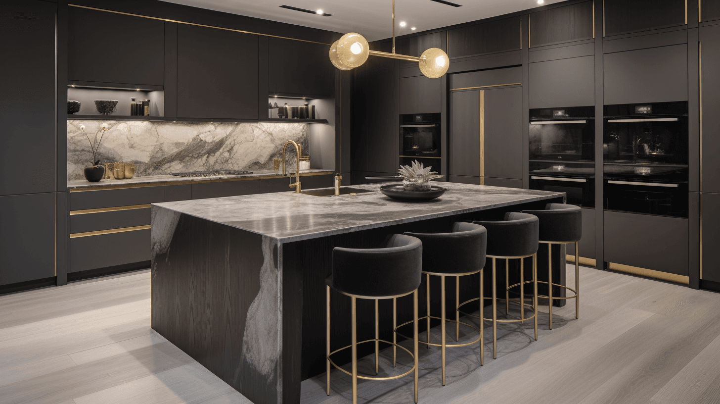 Luxury villa interior with white marble flooring and gold accents