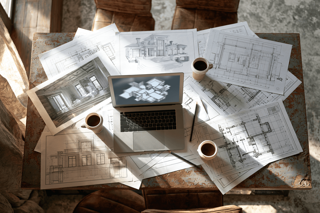 Architectural renders and technical drawings laid out for a turnkey Downtown Dubai interior project