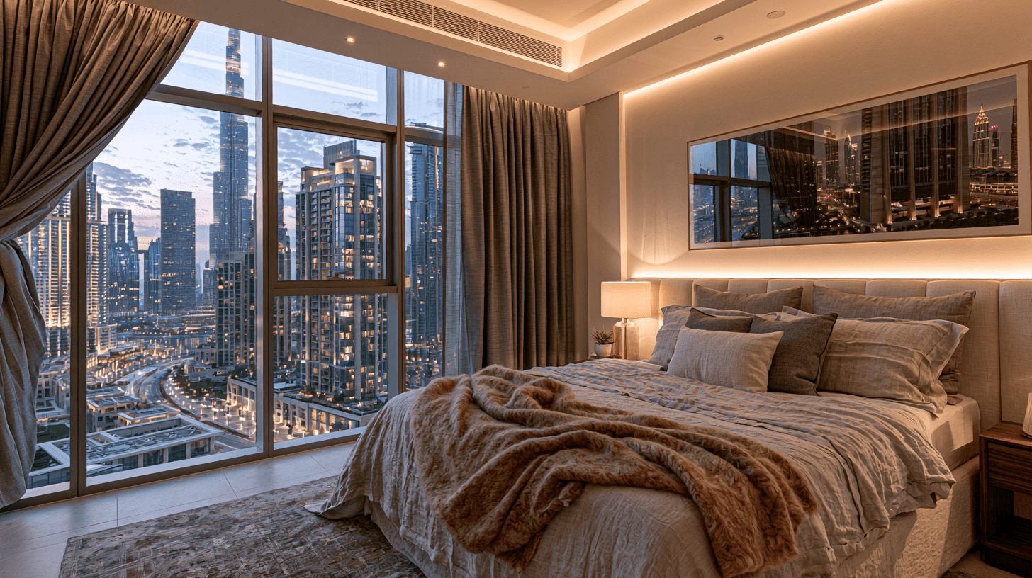 Finished luxury bedroom interior transformation in Downtown Dubai overlooking the city skyline at dusk