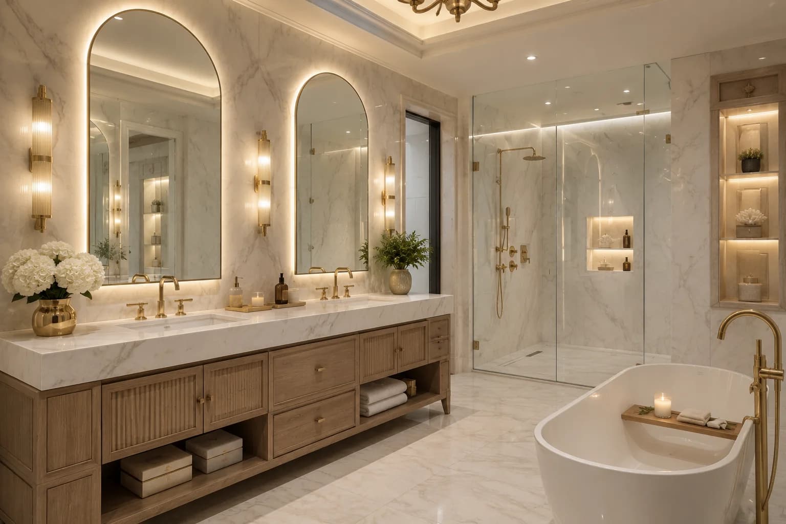 Spacious Dubai villa master ensuite with double vanity, freestanding bathtub, walk-in shower and elegant brass detailing.