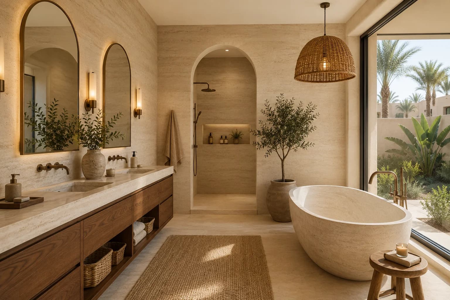 Spacious villa bathroom combining travertine, walnut, bronze fixtures, an arched shower and freestanding stone bathtub.