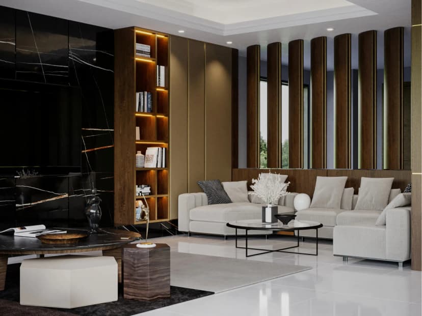 Elegant villa living room with ambient lighting