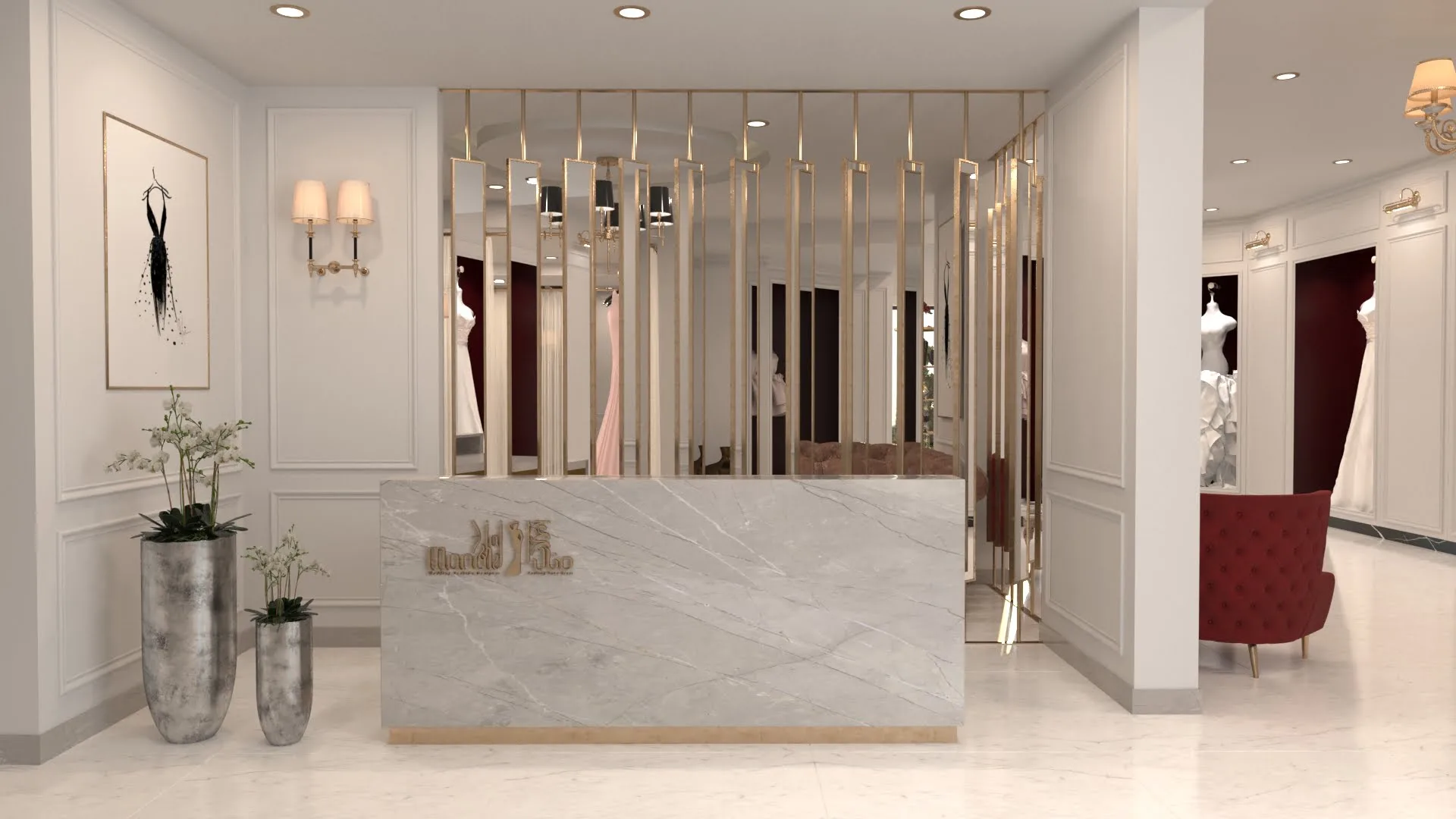 Luxury villa interior with white marble flooring and gold accents