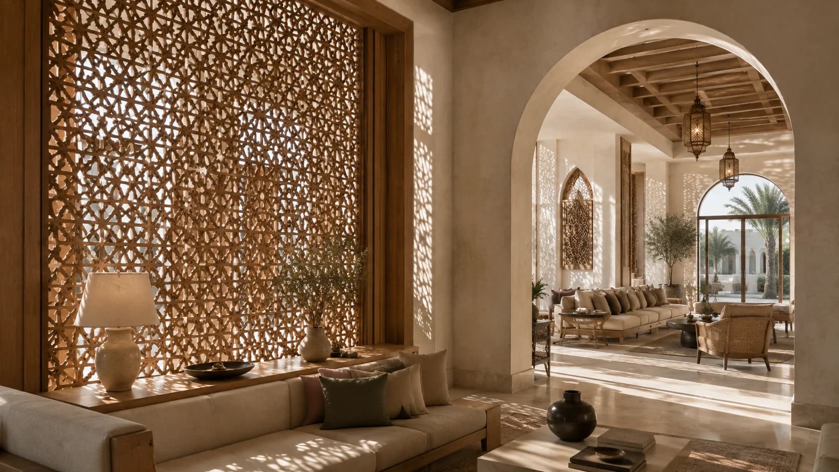 Mashrabiya-inspired screen and arched doorway in Jumeirah villa