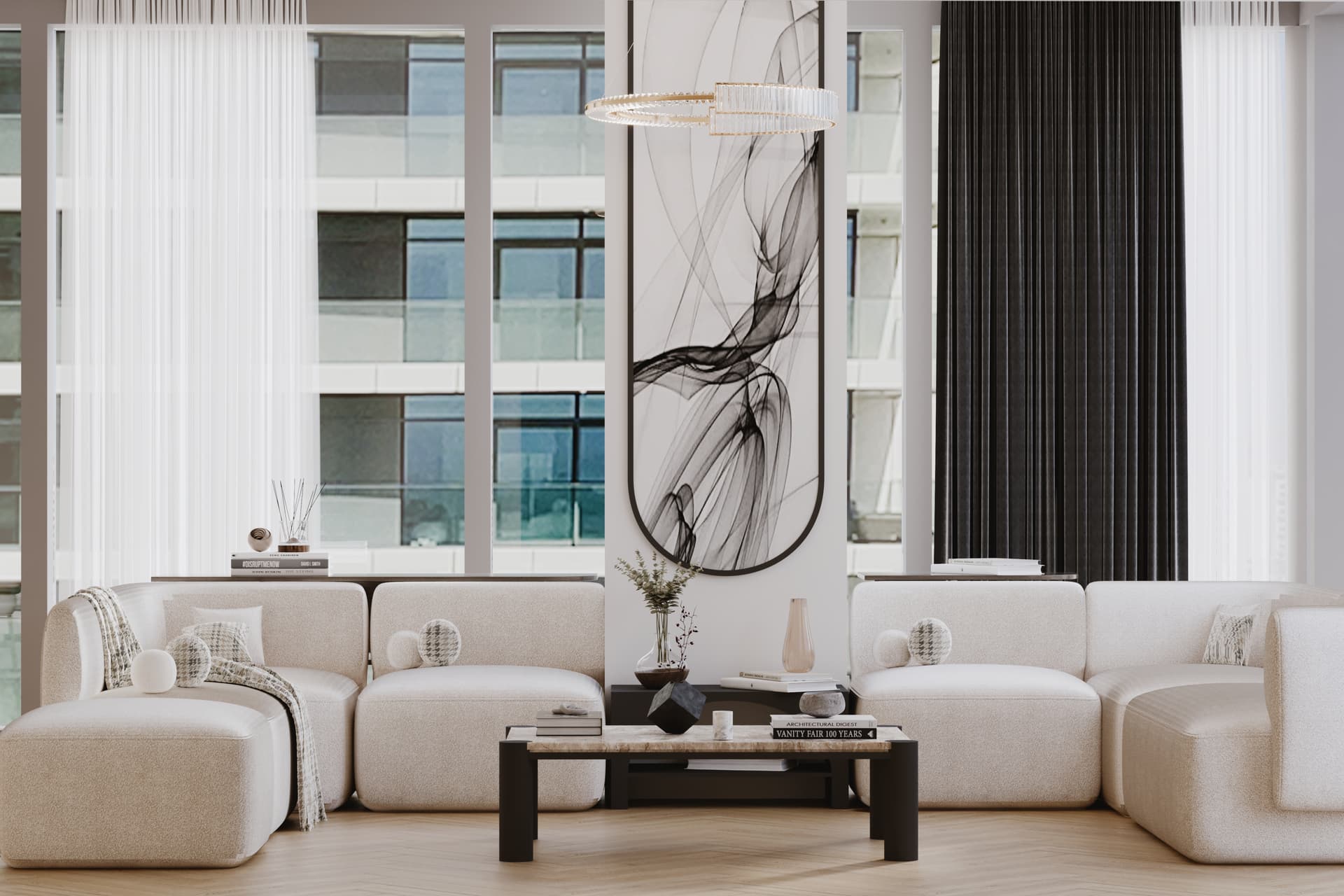 Luxury villa interior with white marble flooring and gold accents