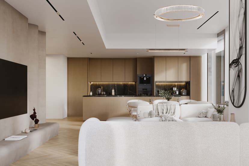Modern kitchen design with marble countertops