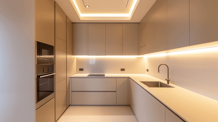 kitchen interior with neutral tones and wall paneling in Dubai