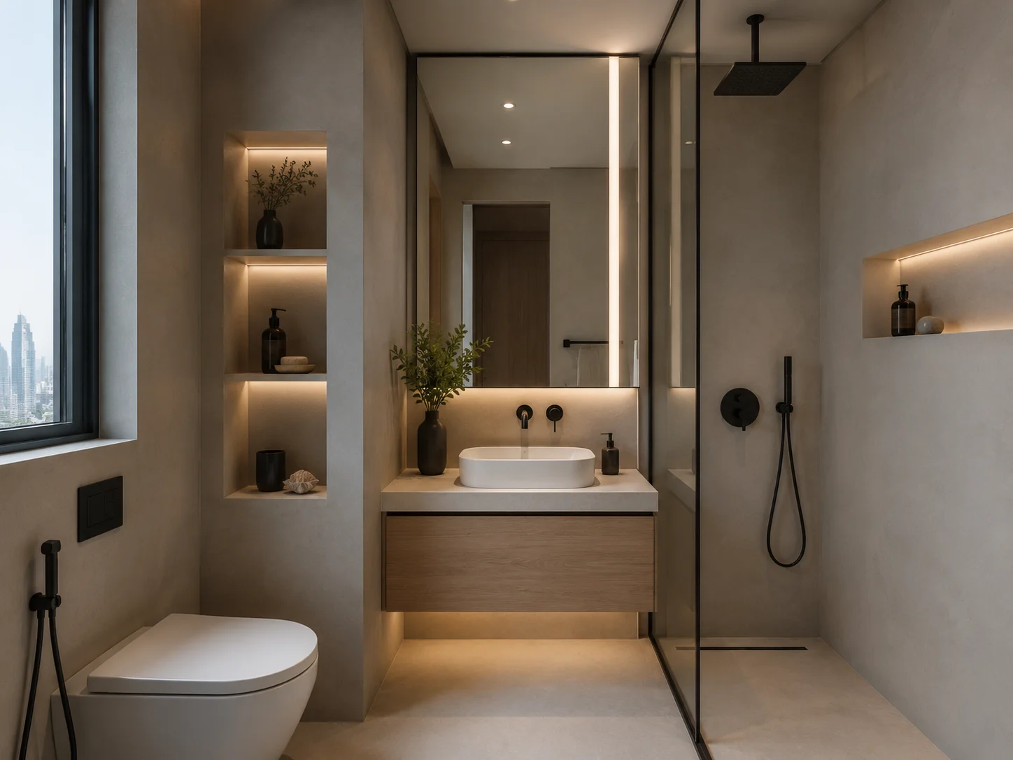 Modern minimalist bathroom renovation in a Dubai apartment