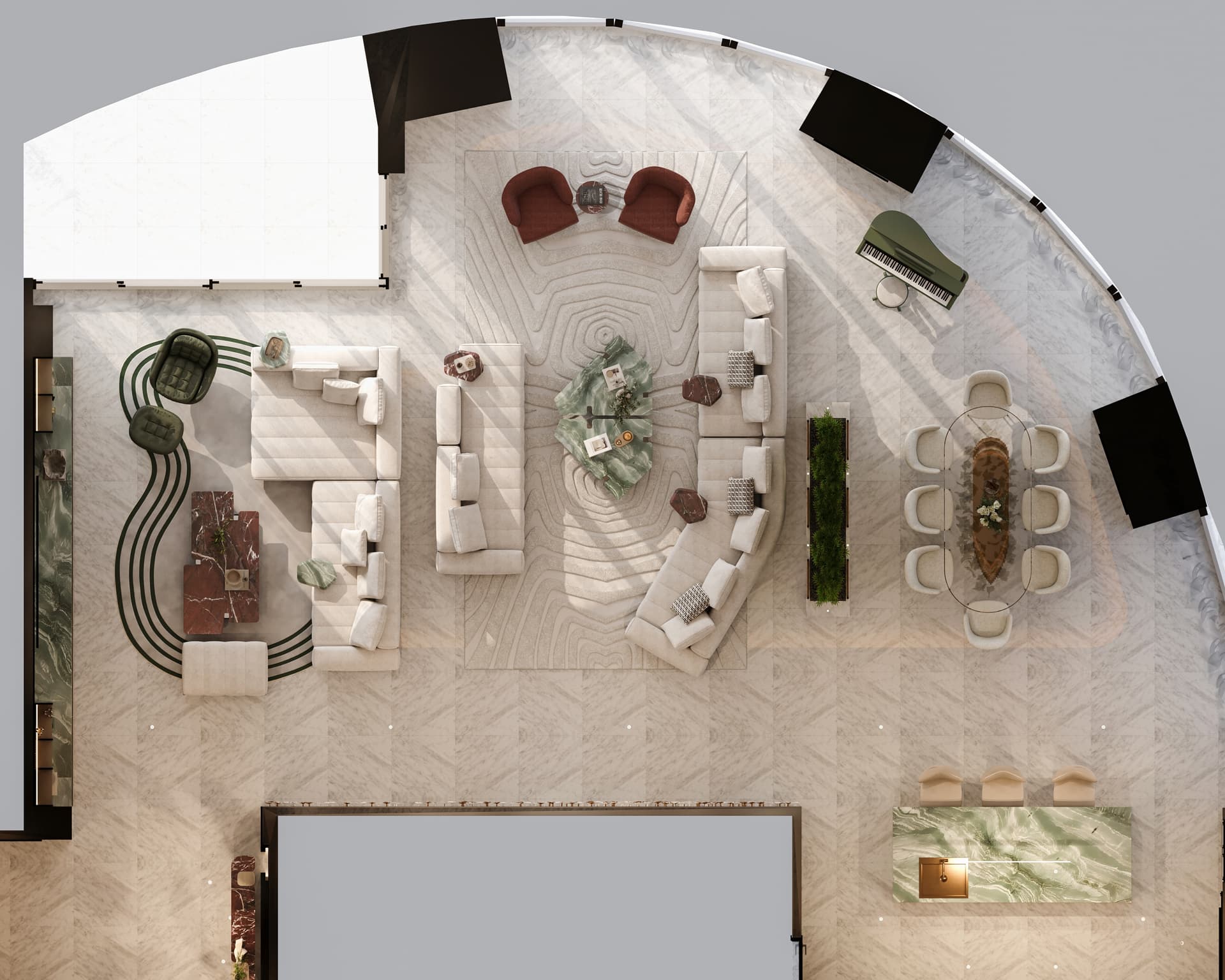 Luxury villa interior with white marble flooring and gold accents