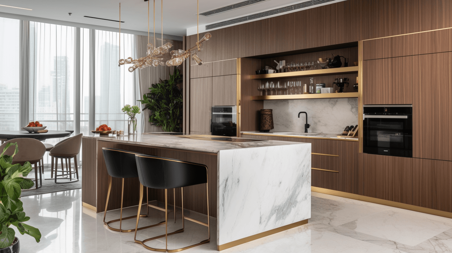 Luxury villa interior with white marble flooring and gold accents