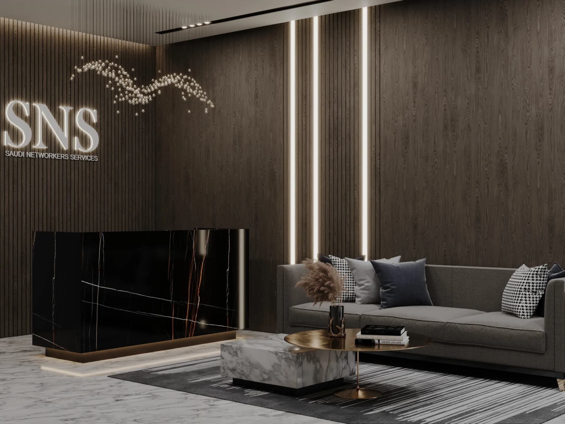 Luxury villa interior with white marble flooring and gold accents