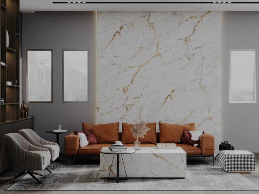 Private lounge with artistic wall décor and leather seating