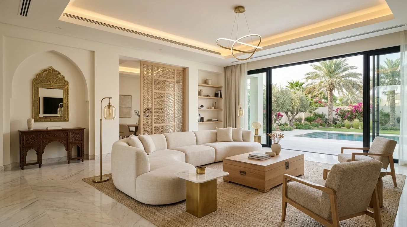 Transitional Jumeirah villa interior blending traditional and modern design