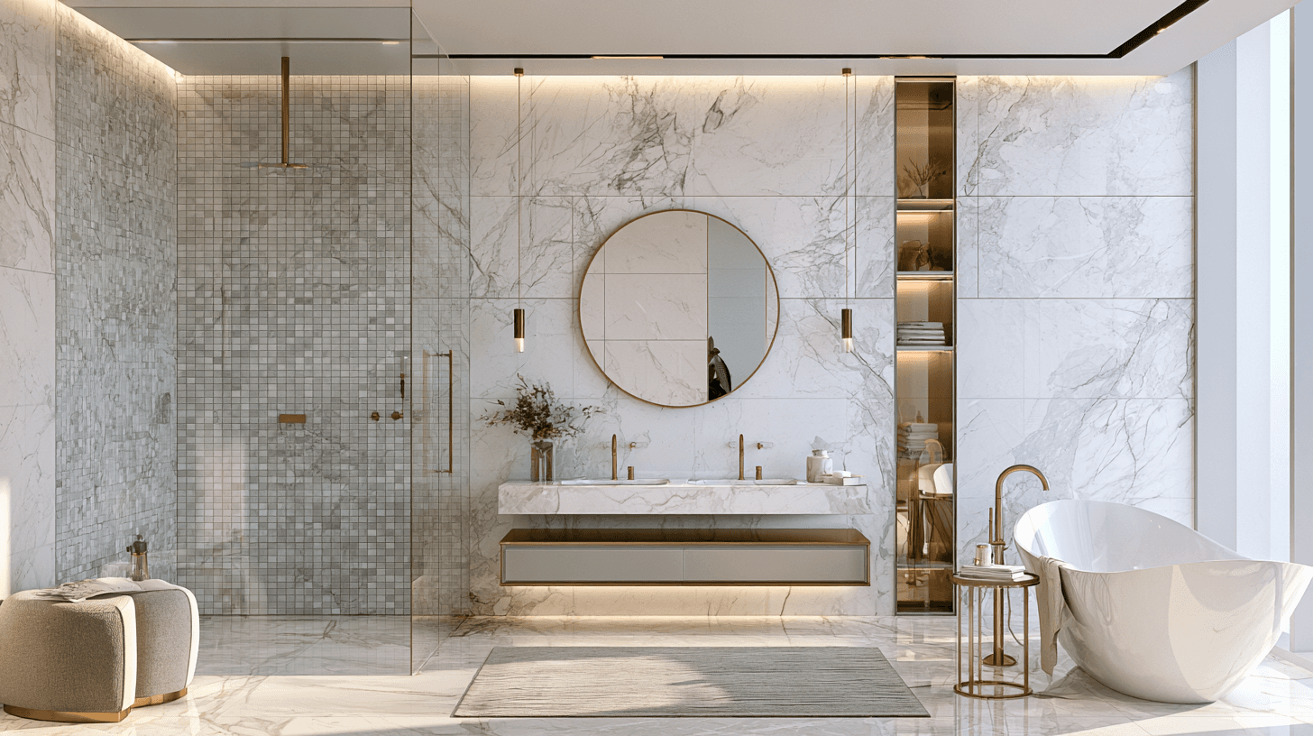 Renovated villa bathroom in Dubai with large-format tiling and new fixtures