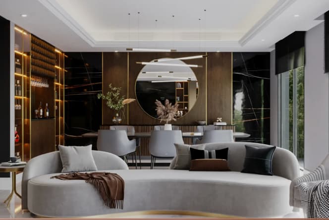 Luxury villa interior with white marble flooring and gold accents