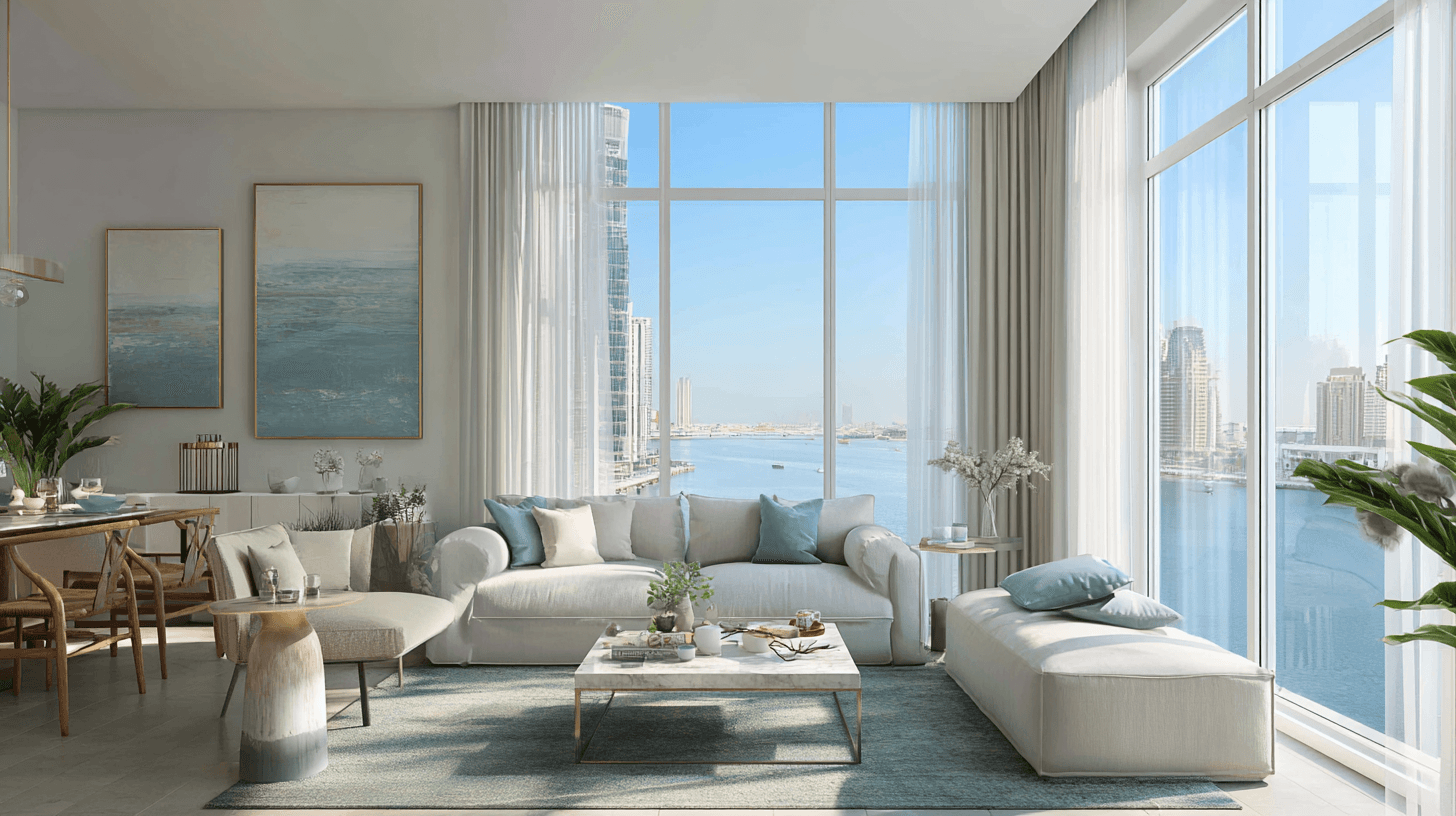 Luxury Dubai living room with dramatic chandelier centerpiece