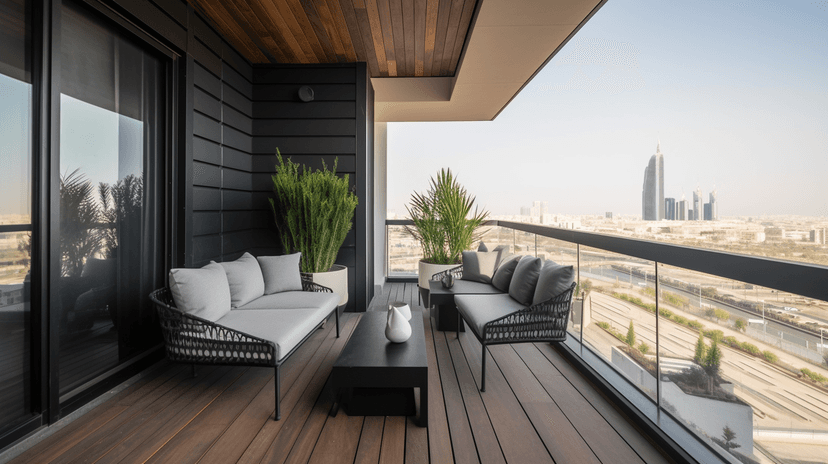 Luxury balcony seating area Acacia Dubai Hills Luxury balcony seating area with panoramic Dubai skyline view at Acacia Dubai Hills 2-bedroom apartment