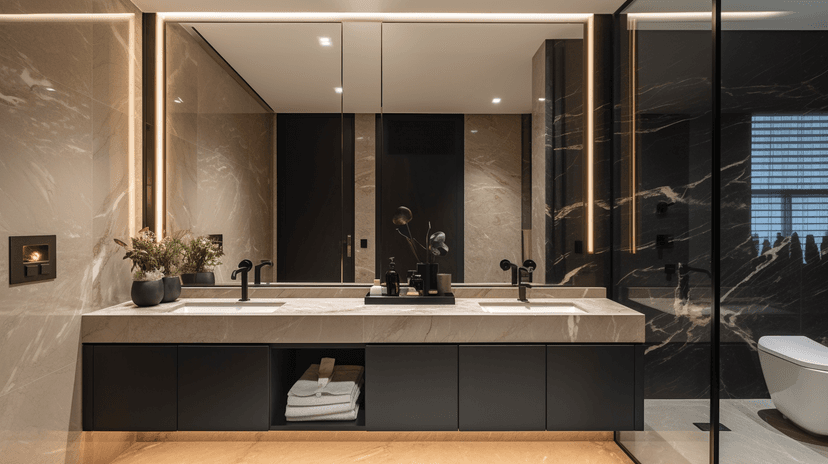 Luxury Bathroom Interior Acacia Dubai Hills Apartment Luxury bathroom interior with marble walls, floating vanity, and premium fixtures at Acacia Dubai Hills apartment