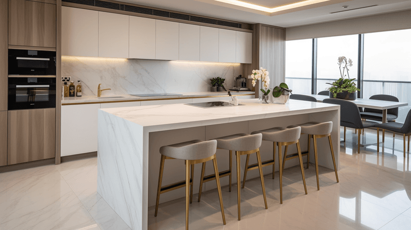 Contemporary Kitchen Design | Acacia Dubai Hills Apartment Modern open-plan kitchen with marble island and bespoke cabinetry at Acacia Dubai Hills apartment, Dubai