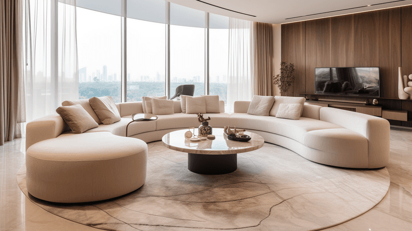 Luxury Living Room Interior | Acacia Dubai Hills Apartment Luxury living room interior with custom furniture and panoramic city views at Acacia Dubai Hills apartment