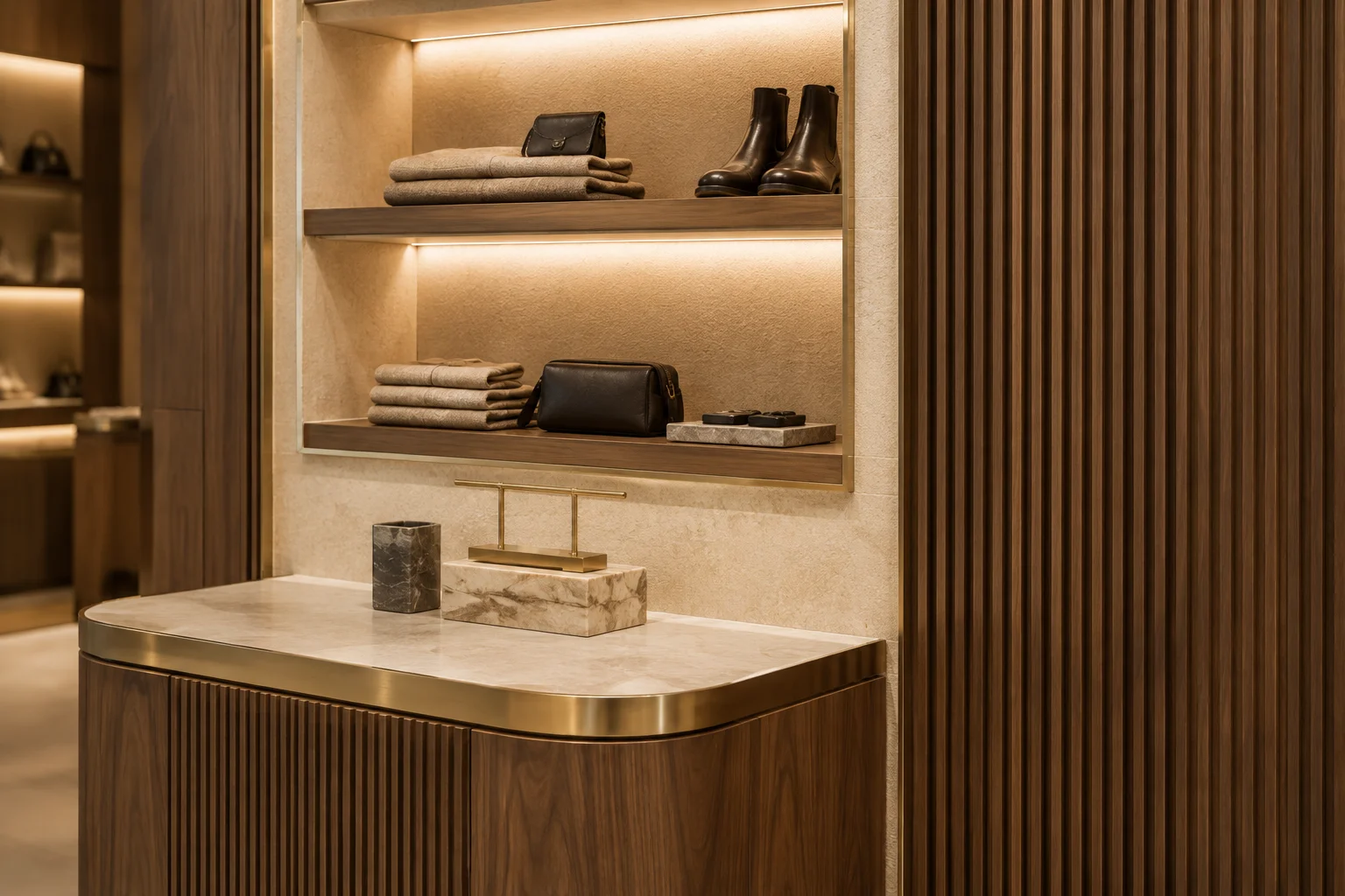 Bespoke Retail Joinery Dubai Close-up of bespoke retail joinery and illuminated display shelving in Dubai