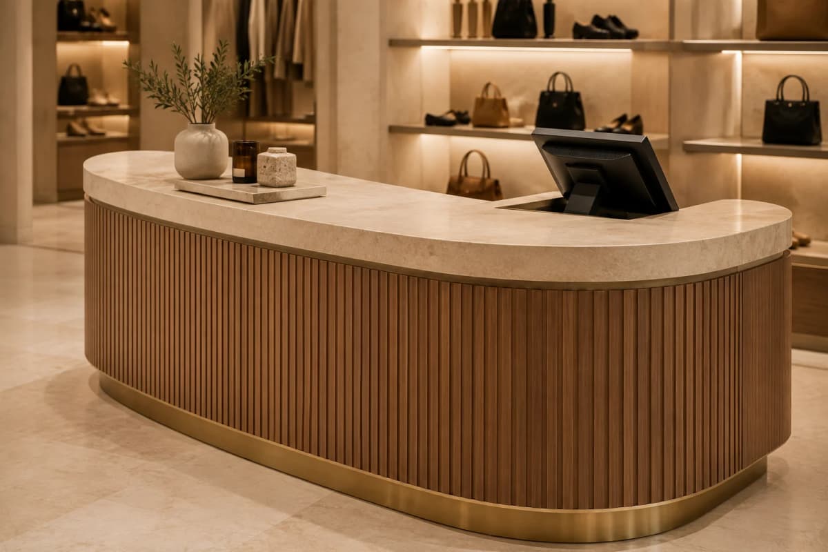 Custom Retail Counter Dubai Custom retail checkout counter with fluted joinery and brass detailing in Dubai