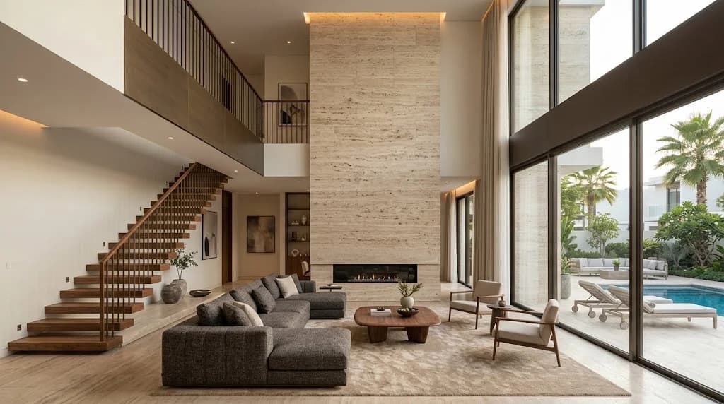 Contemporary villa living room with travertine fireplace wall and walnut staircase, District One, Dubai