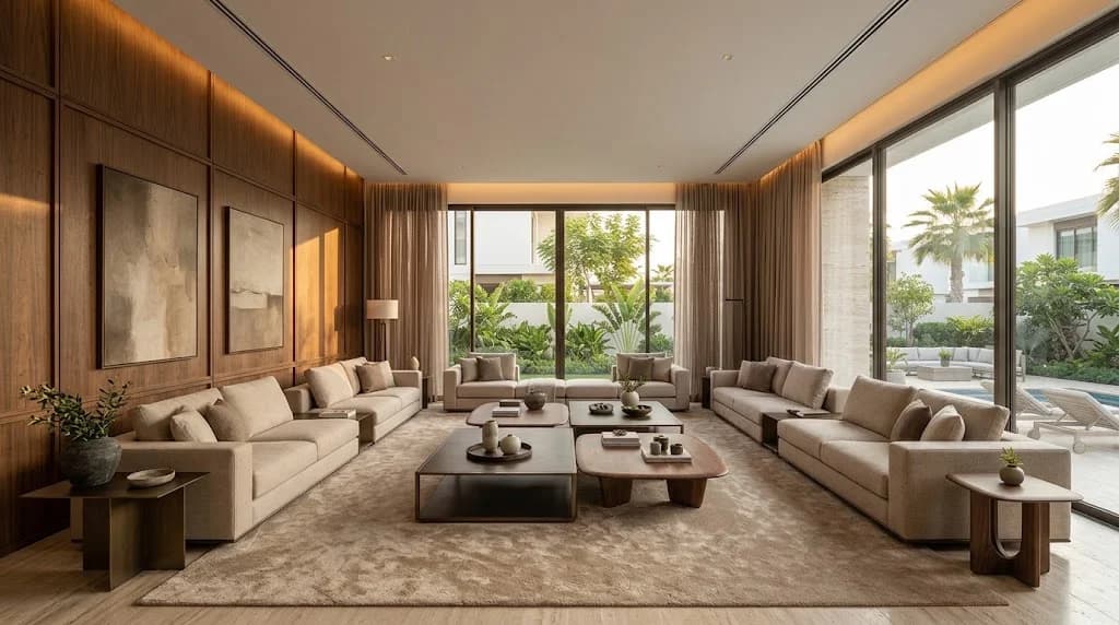 Contemporary villa majlis with walnut panelling and low linear seating, Dubai