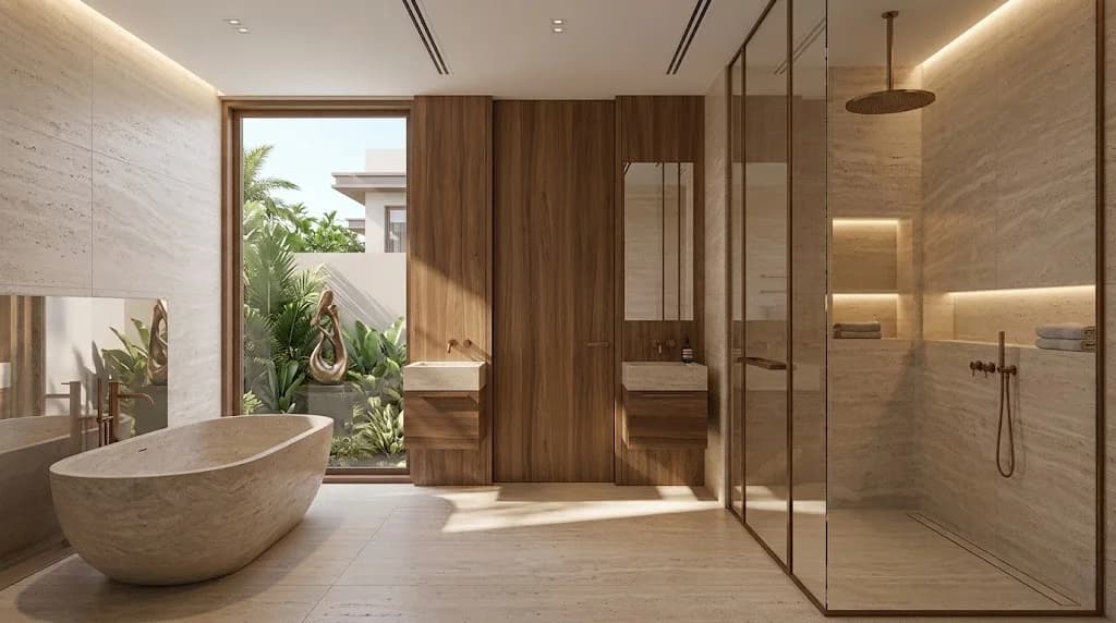 Travertine villa master bathroom with freestanding stone bathtub, Dubai