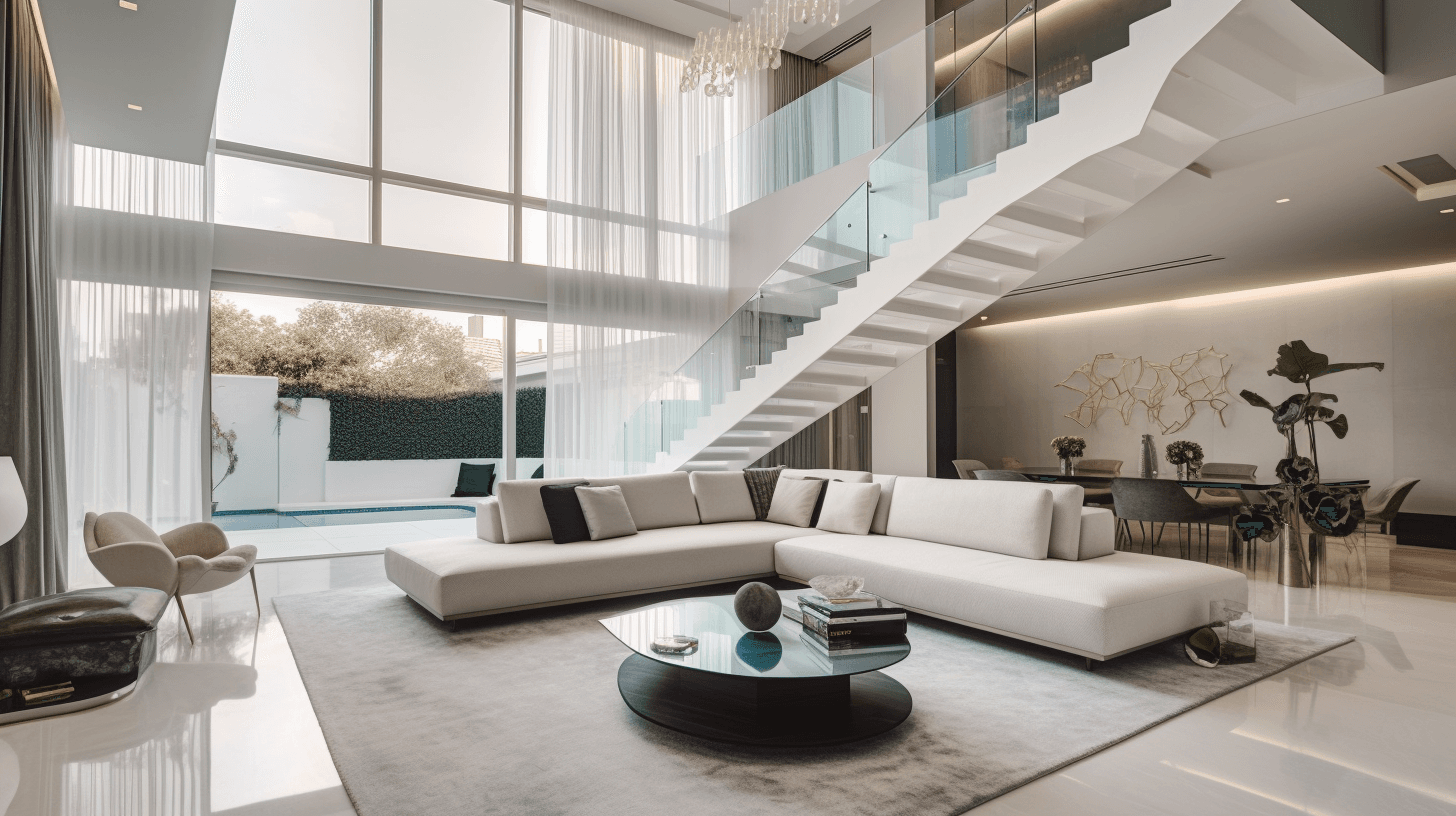 Double-height living room with glass staircase, District One 2-bedroom contemporary villa, MBR City