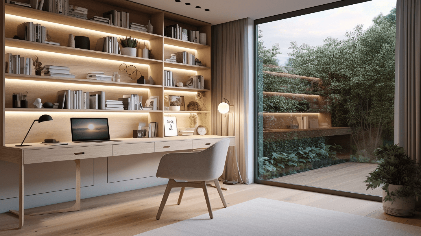 Villa home office with built-in oak shelving and green wall view, Dubai