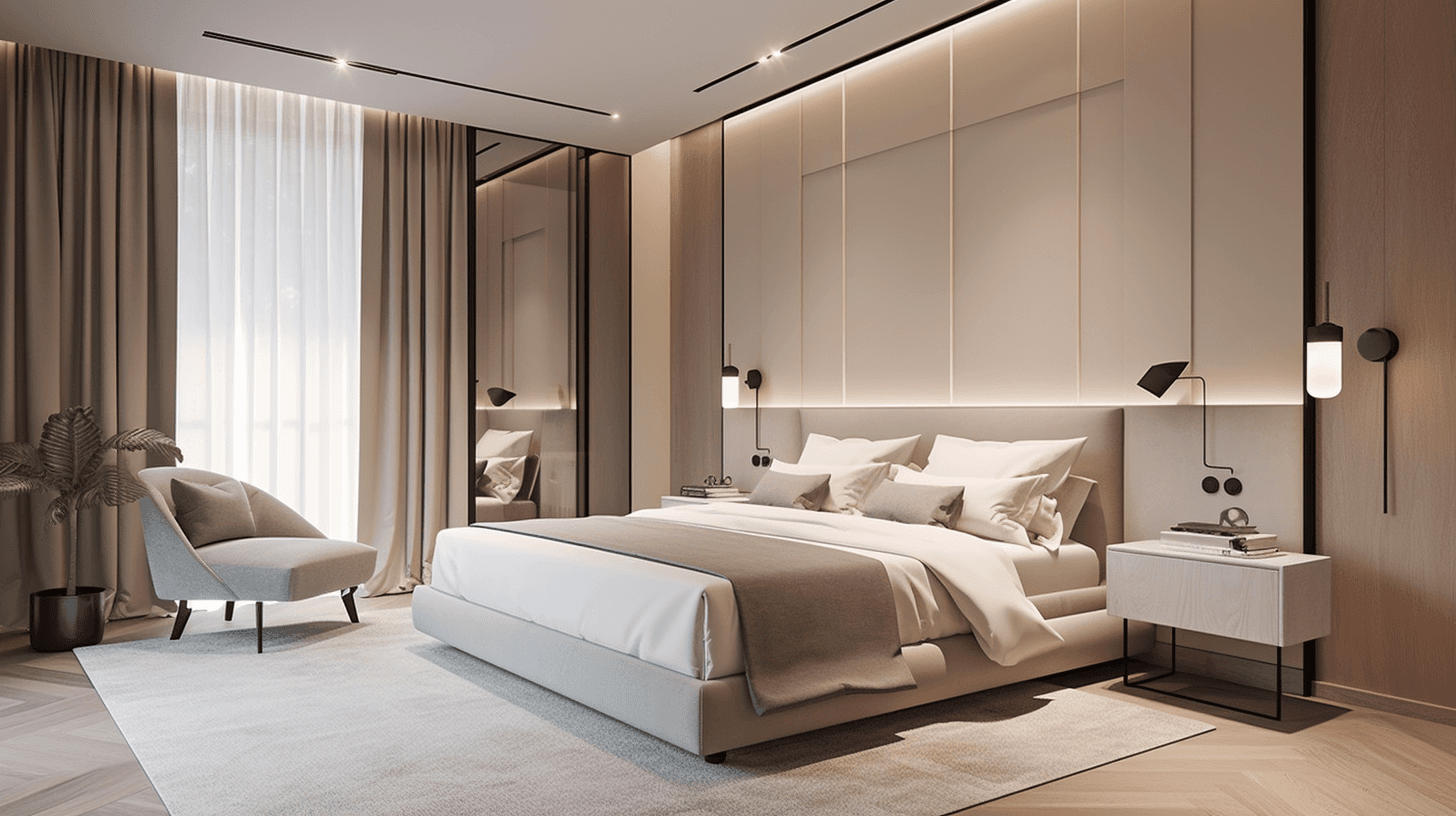 Villa master bedroom with upholstered wall panelling and cove lighting, Dubai