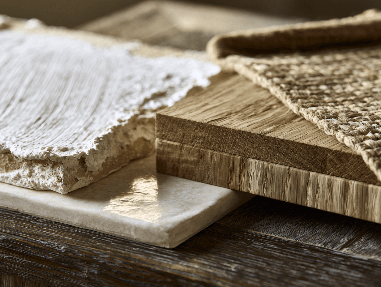 Limewash, venetian plaster, and natural wood material samples used in Downtown Dubai interior projects