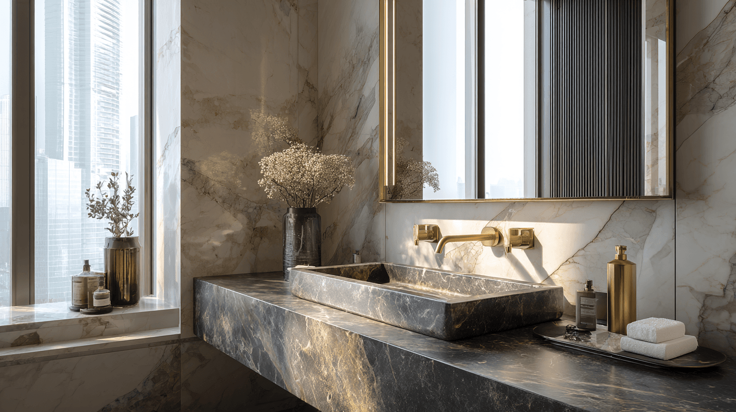 luxury bathroom interior showcasing premium natural materials in Dubai Creek Harbour residence luxury bathroom interior showcasing premium natural materials in Dubai Creek Harbour residence