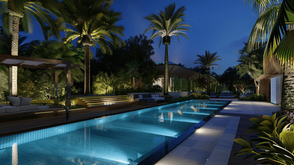 Night view of luxury landscape design of villa in Dubai