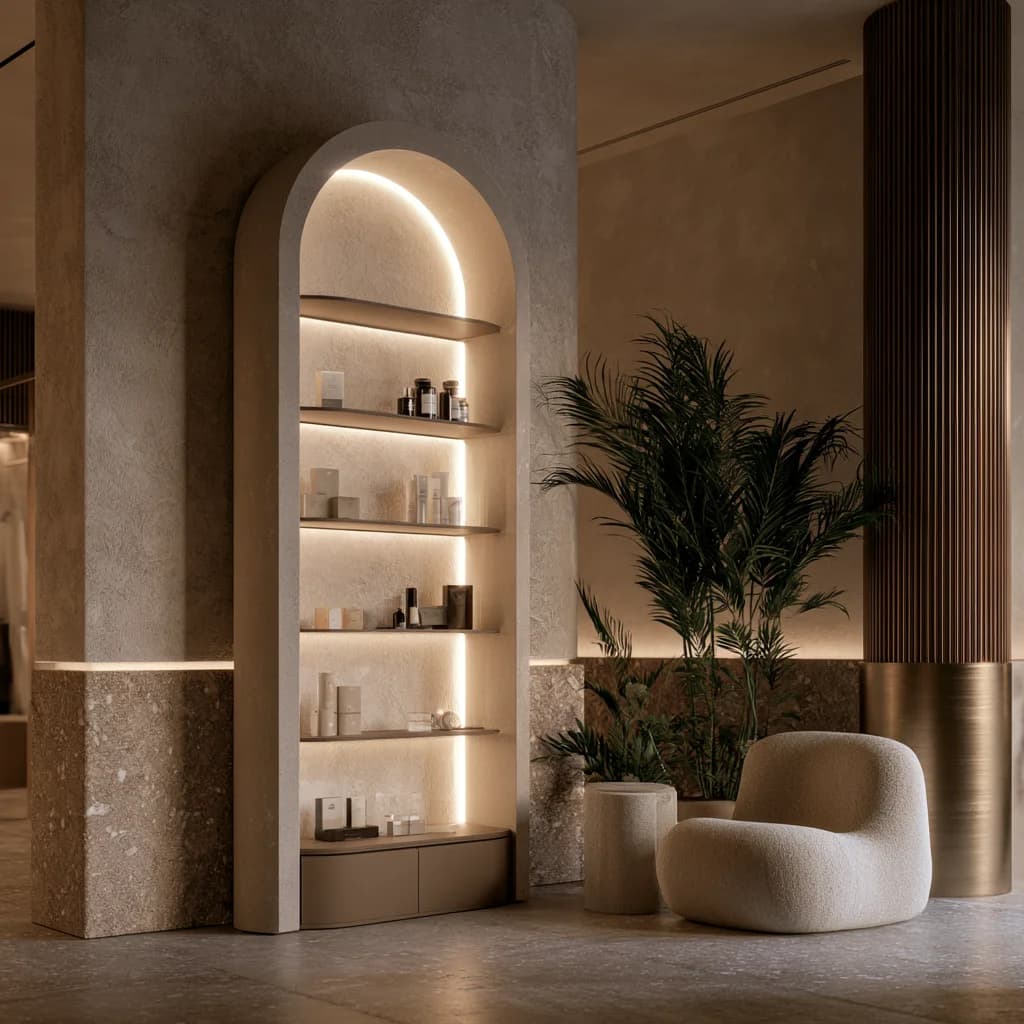 Luxury Retail Renovation Details Dubai Luxury retail renovation detail with bespoke shelving and warm architectural lighting