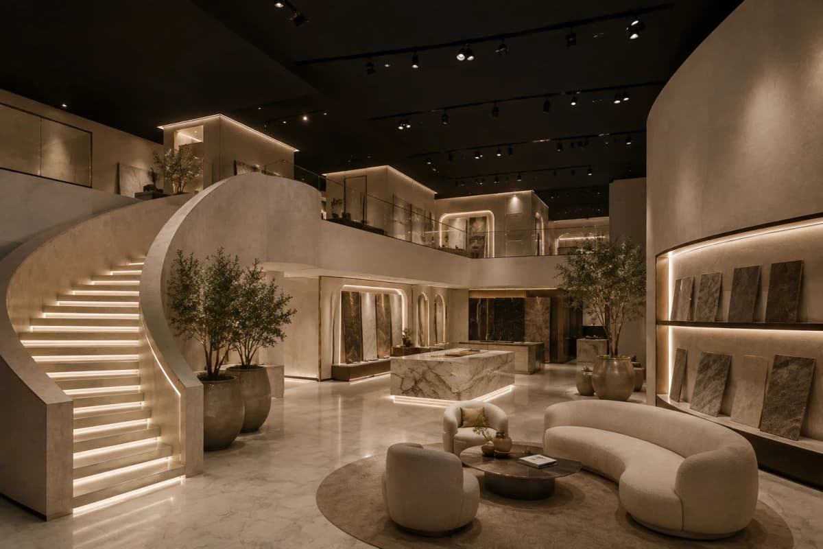 Luxury Showroom Renovation Dubai Luxury showroom renovation in Dubai with sculptural architecture and illuminated displays