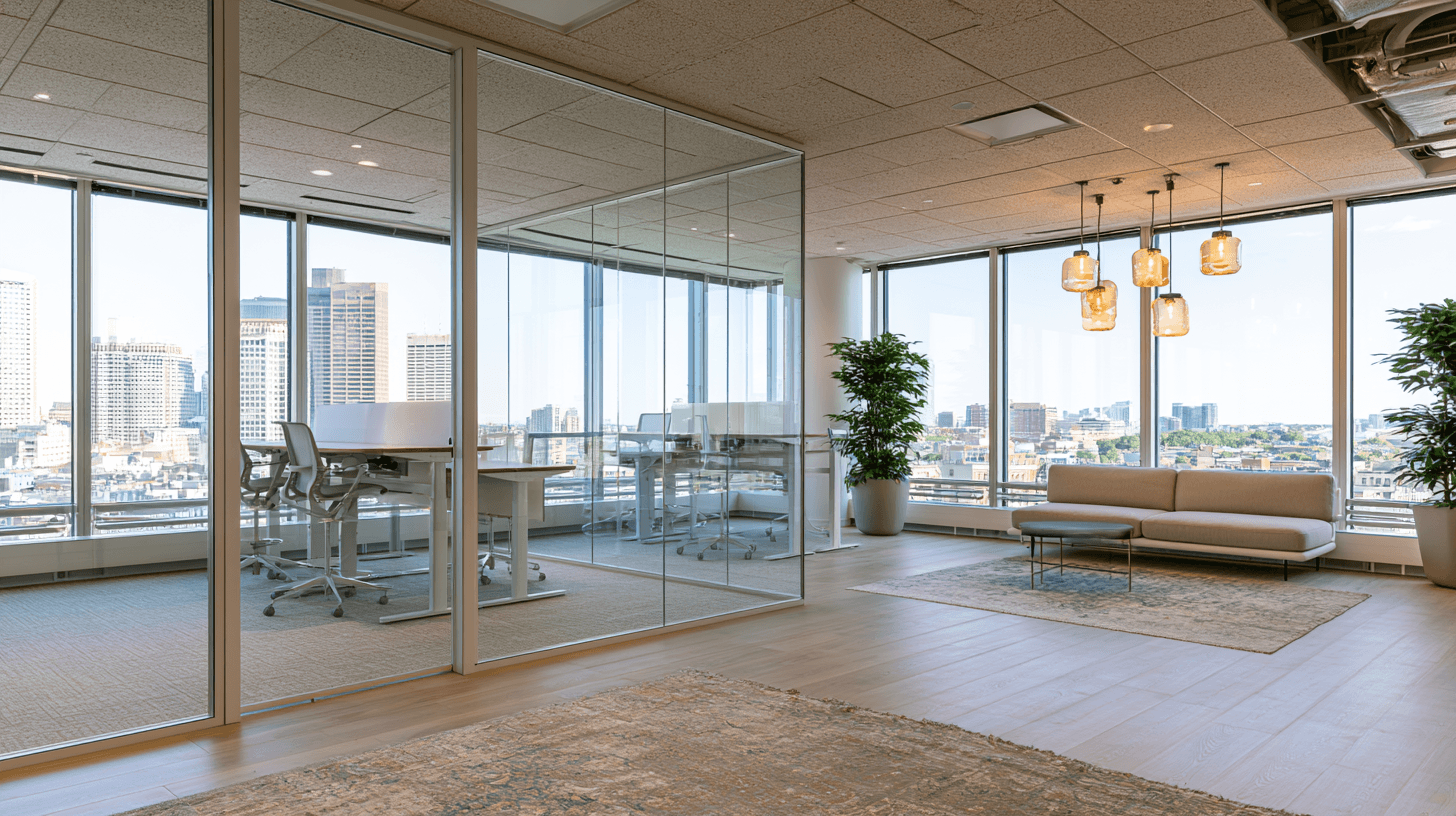 Modern open-plan office fit-out with glass partitions in Downtown Dubai
