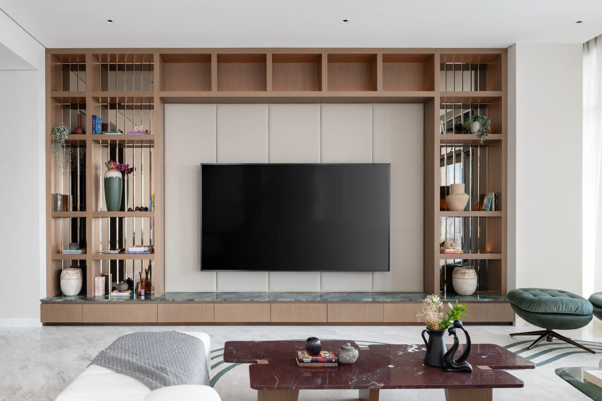 penthouse living room LED wall with decor items in Dubai Creek harbour