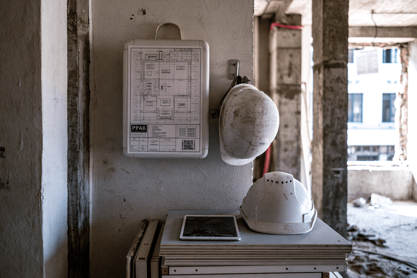 Floor plan and construction tools inside a Downtown Dubai fit-out project mid-construction